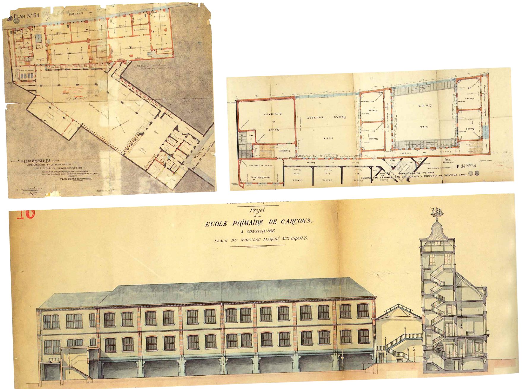Plans historiques de l’école du Marché-aux-Grains : plan du rez-de-chaussée, plan d’étage et coupe du projet d’école primaire de garçons